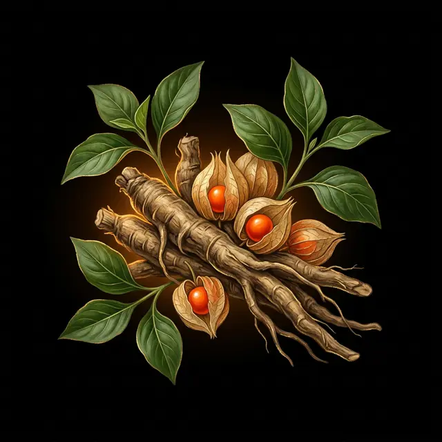 Illustration of ashwagandha roots with orange berries and green leaves