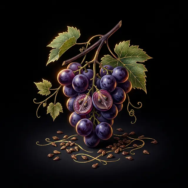 Illustration of purple grapes with split fruit revealing seeds