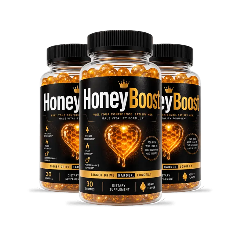 Three bottles of Honey Boost Male Vitality Formula dietary supplement, 30 honey-flavored gummies per bottle, with black and gold labels
