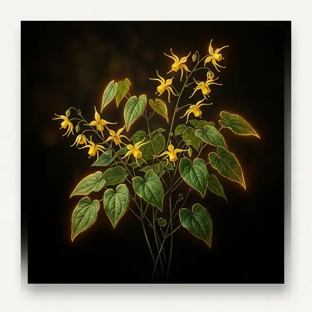 Illustration of epimedium leaves and small yellow flowers