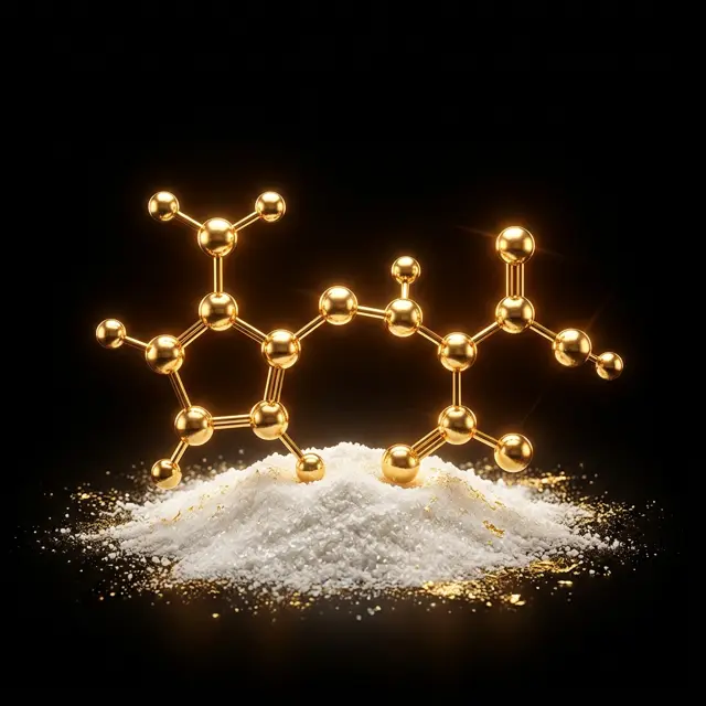 Illustration of a gold molecular model above white amino acid powder