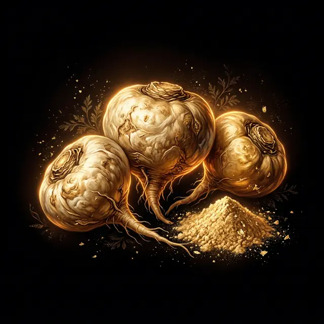 Illustration of three golden maca roots beside a small mound of maca powder