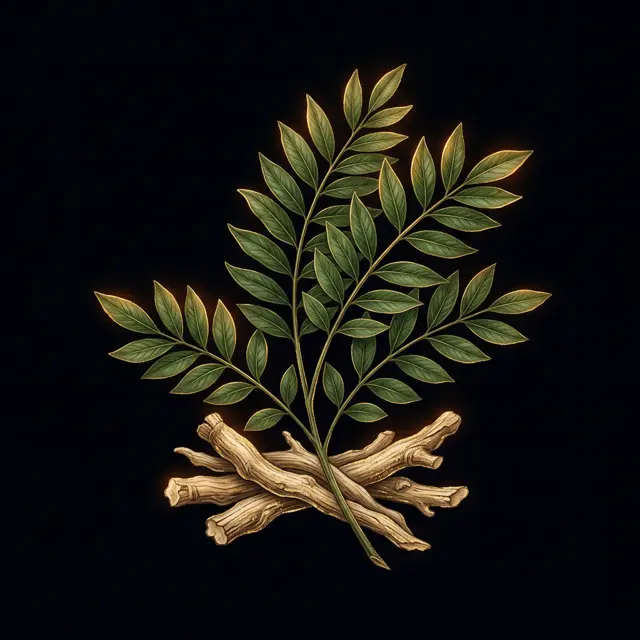 Illustration of Tongkat Ali root pieces with a sprig of green leaves